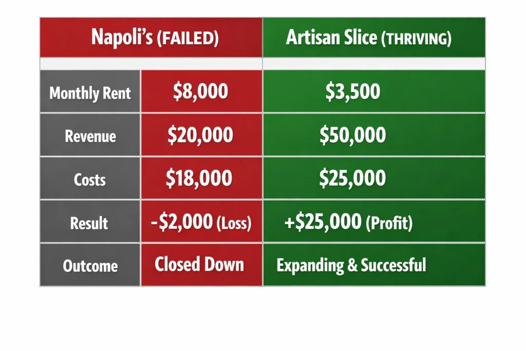 Side-by-side comparison of failed vs successful pizza restaurant locations with financial data