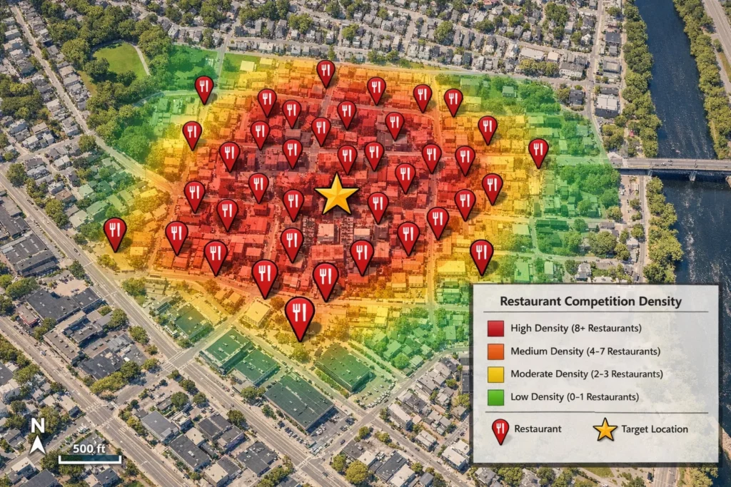 Competition density heat map showing restaurant saturation levels for location analysis