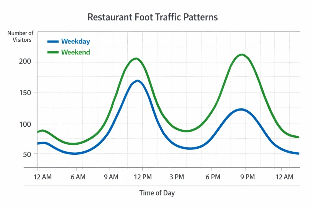 Foot traffic pattern analysis showing hourly pedestrian flow for restaurant locations