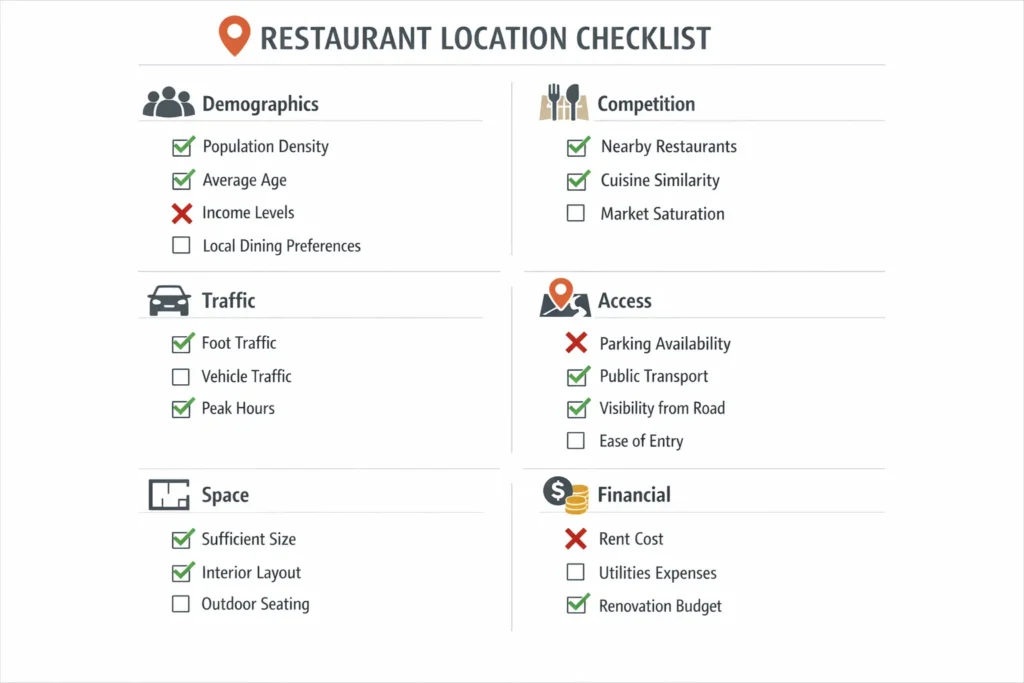 Restaurant location analysis checklist showing critical evaluation factors