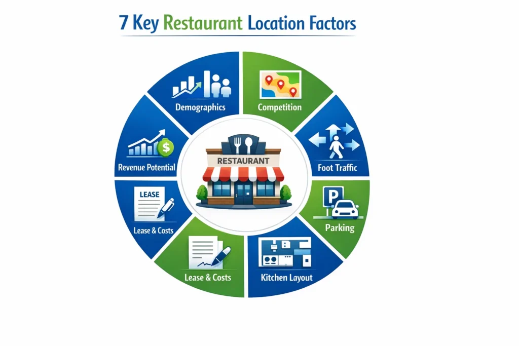 Seven critical factors in restaurant location analysis infographic